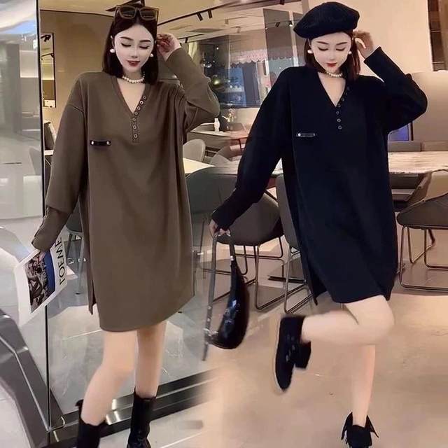 Korean casual hip-pack V-neck long-sleeved T-shirt dress with autumn and winter large size 300 Jin [Jin equals 0.5 kg] mid-length loose versatile top