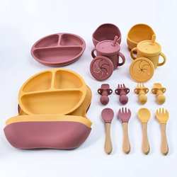 Children's silicone dinner plate set, mother and baby eight-piece set, fork and spoon with wooden handle, bib, learning drinking cup, silicone tableware set, 8-piece set