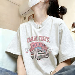 Letter Print Pure Cotton Short-Sleeve T-Shirt for Women, Petite Size, Summer White-Gray Lazy Style Top, American Retro Trendy Tee