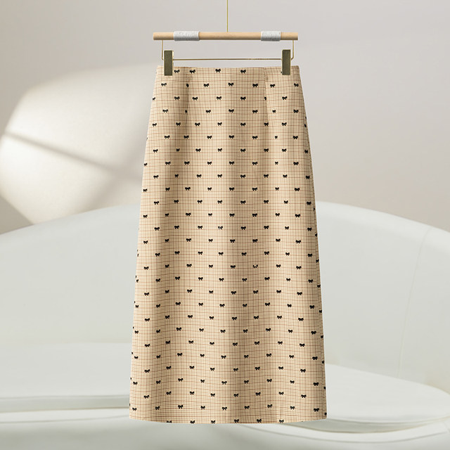 La Chapelle bow embroidered skirt 2025 new high-waisted slim A-line small plaid midi skirt