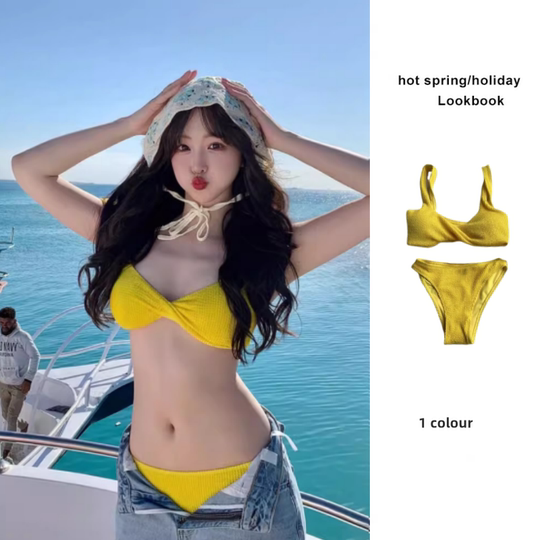 ミングランユー 女性用 トライアングルビキニ - レモンイエロー＆ホワイト