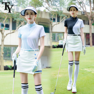 Golf women's short-sleeved T-shirt, sun protection zipper stand collar, turtleneck, stretchy sports and casual top ball clothing
