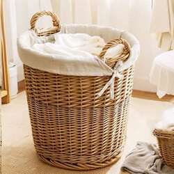 Wicker Storage Basket, Dirty Clothes Basket, Laundry Hamper, Decorative Basket, Handmade Weaving, Hotel and Homestay, Japanese Pastoral Style with Handle