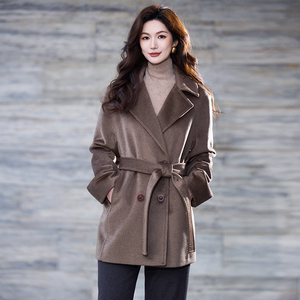 Yuerong strap lining purple velvet 100% cashmere coat for women with small loose thickened double-breasted short jacket