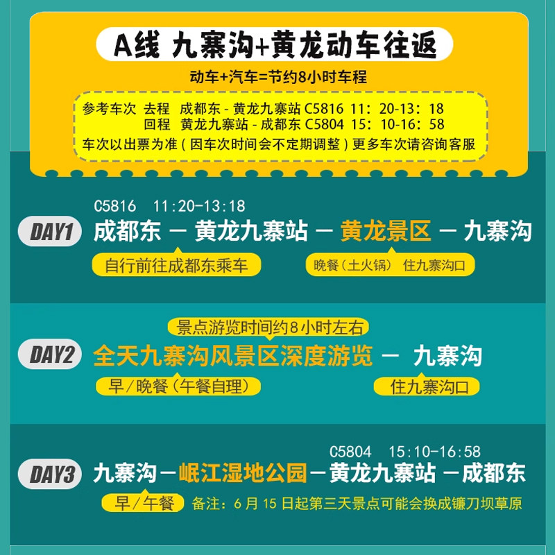 成都高铁动车到九寨沟黄龙旅游3天2晚跟团游纯玩三日游有8人小团