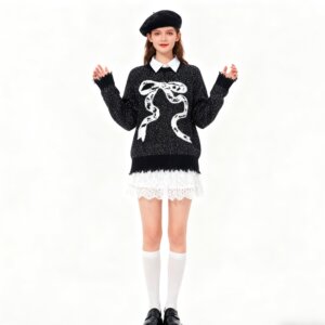 
LOLO MIRIAM 26 Spring Jacquard Sweater Bow Round Neck Pullover Sweater Long Sleeve 313W8M003