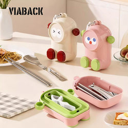 Cute Monkey-Themed Tableware! Folding Chopsticks and Spoon Set for One Person, Portable Stainless Steel Cutlery Storage Box for Outings