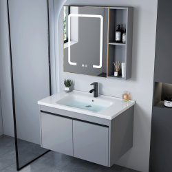 Minimalist Light Gray Bathroom Cabinet Set with Integrated Ceramic Washbasin for Small Bathrooms