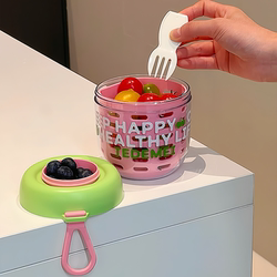 Dopamine Fruit Cup Portable Breakfast Cup Salad Cup with Fork for Office Workers and Students Camping Double-Layered