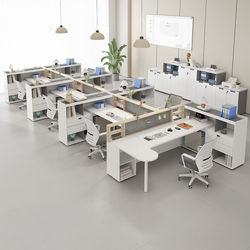 Staff Desks for 5 People, Modern Partitioned Workstation Desk and Chair Set, 7-Person Desk with Manager's Seat