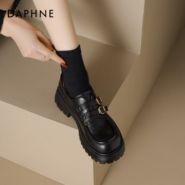 Daphne British style black loafers for women 2025 new thick-soled thick heels to enhance spring leather shoes without tiring