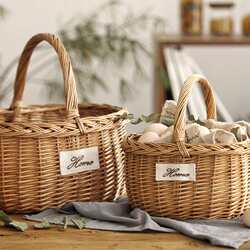 Rattan and Wicker Woven Picnic Basket, Hand-Held Flower Basket, Fruit Picking Bamboo Basket, Bamboo Woven Egg Basket, Bamboo Storage Basket