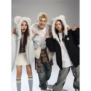 
MANYSTON American large fur collar hooded cotton coat men's winter trendy brand couple style thickened warm cotton coat