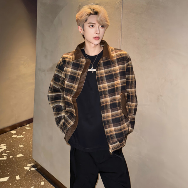 Maillard Coffee Color Small Fragrance Style Checked Jacket Men's Autumn Wear American Style Spliced ​​Short Jacket Lapel Top