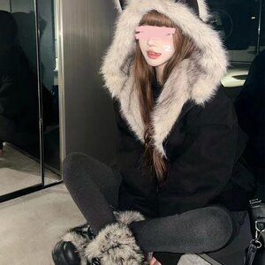 
American retro cat ear mountain carving coat for men and women, winter thickened fur collar hooded cotton coat, couple's cotton coat