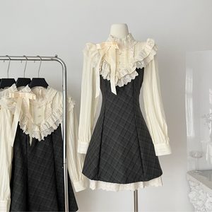 
French style little fragrant dress for women, early swing, plaid, lace trim, waist slimming, long-sleeved A-line skirt