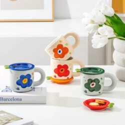 Flower Ceramic Mug with Lid, Breakfast Cup, Coffee Cup, High-End, Light Luxury, High Aesthetic Value, Cute Household Water Cup