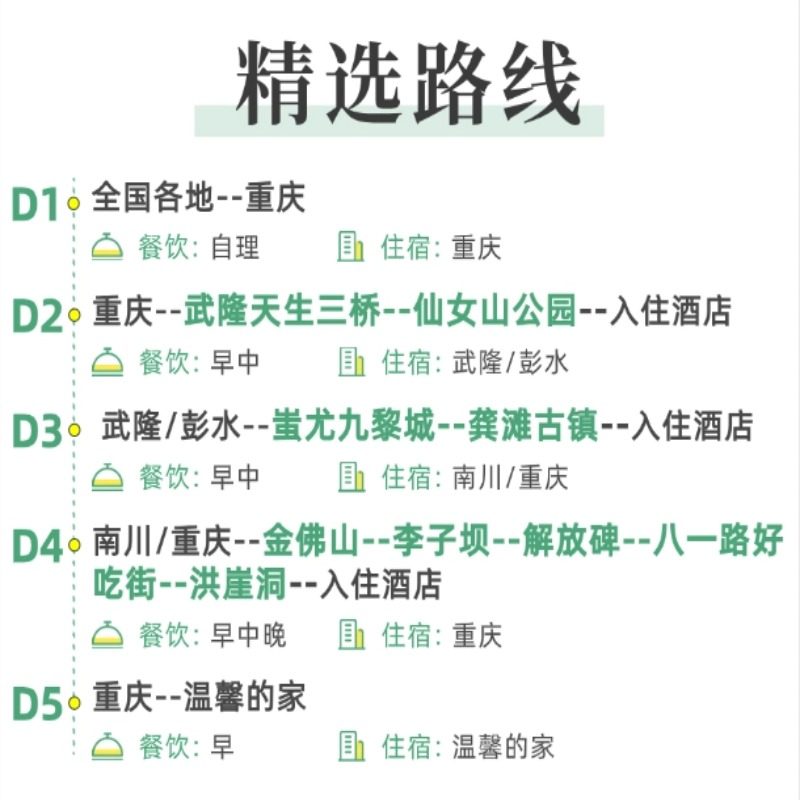 含机票重庆旅游天生三桥仙女山金佛山龚滩李子坝5天4晚纯玩跟团游