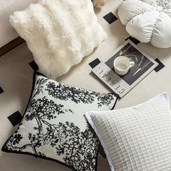 Retro American-Style Bayberry Tree Flower Black and White Chenille-Edged Homestay Sofa Throw Pillow Black and White Sofa Cushion Weaving