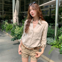 Elegant Old Money Style V-Neck Relaxed Fit Wide Linen Long-Sleeve Shirt, Cotton-Linen Sun Protection Shirt for Women, Spring/Summer Top