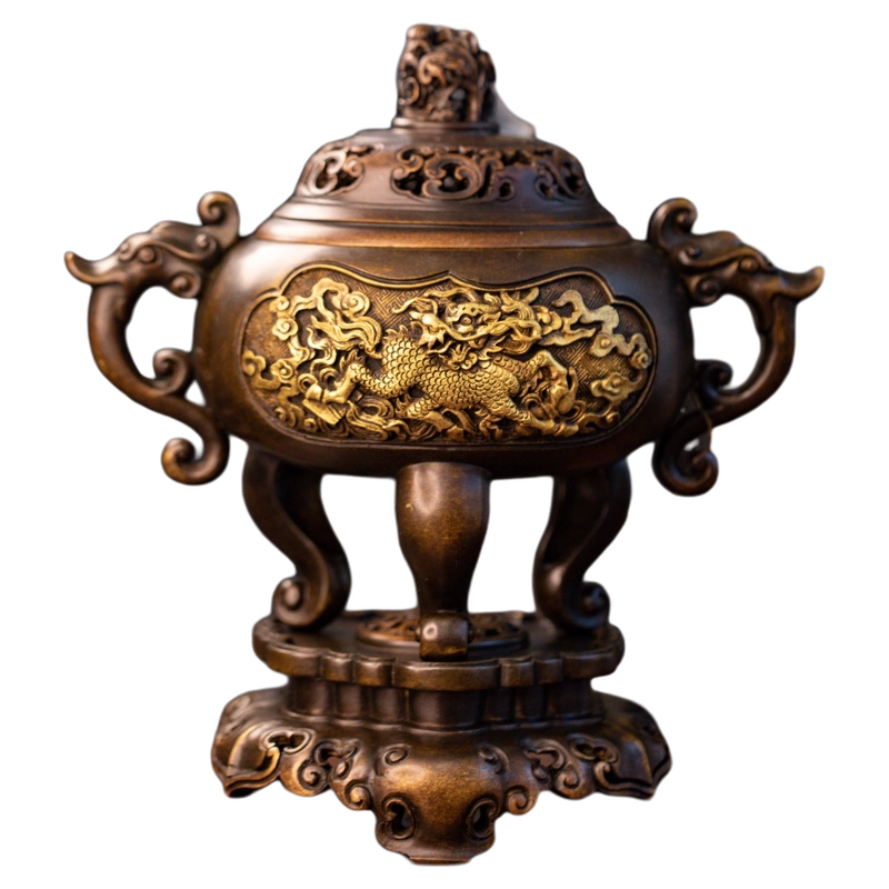 铜器  香炉  三足象耳三面狮头香炉 香道具  工艺品  美术品  摆件 纯铜香熏炉二十八星宿八卦狮盖香炉三足香薰
