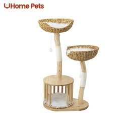 Uhomepets a Solid Wood Cat Tree with Climbing Frame and Scratching Post, Summer Cat Toy for Small Apartments, Woven with Rattan