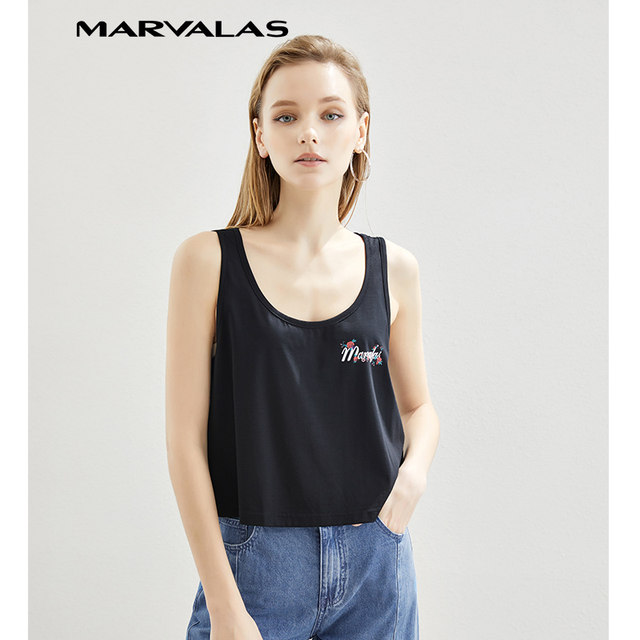 Mandes black vest for women 2025 new simple temperament round neck letter print versatile short top base