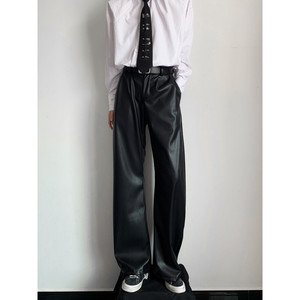 
LNCR Linxia American retro design black leather pants for men and women trendy brand loose scimitar wide-leg textured casual trousers