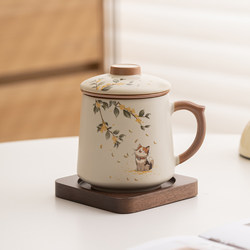 Cat-Themed Ru Kiln Ceramic Tea Cup with Lid and Filter, Personal Office Mug, Tea Brewing Cup Gift Box