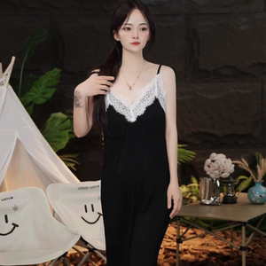 
Sexy pajamas for women's spring and autumn modal lace suspender nightgown large size with chest pad black backless home clothing