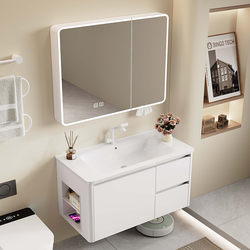 Honeycomb aluminum white bathroom cabinet integrated ceramic washbasin thickened large storage cabinet washbasin smart mirror cabinet combination