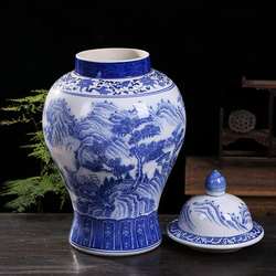 Chinese blue and white landscape large general jar Jingdezhen ceramic vase storage jar porcelain decorative ornaments crafts
