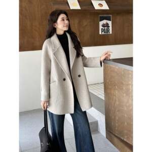 
MANYAN Oatmeal color double-sided cashmere coat short style small Korean style new suit woolen coat for women