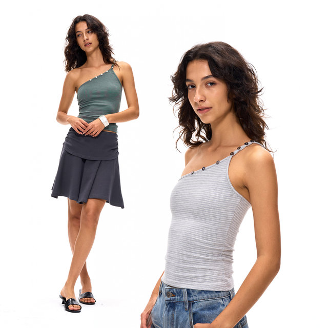 ACOSEY 25SS Striped Irregular Halve Neck Shell Buckle Sling Vest Top