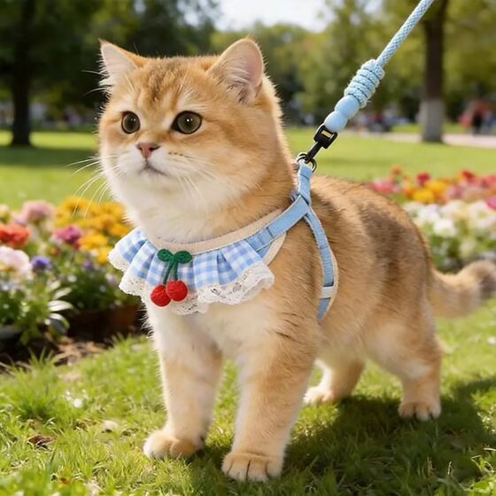 
Cat neck collar, chest and back rope for outdoor traction, cherry saliva scarf, small dog and kitten Teddy Bichon traction chest and back rope