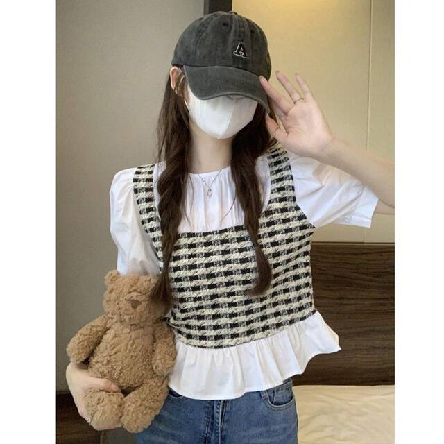 Design sensor grid stitching foreign qi and fake two short -sleeved shirts women summer French niche short unicin tide