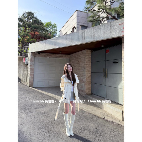 
Korean style beige British style lapel windbreaker jacket for women summer loose and fashionable double-breasted mid-length temperament top