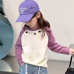 Girls' Pure Cotton Long-Sleeve T-Shirt 2025 New Style Children's Raglan Sleeve Base Shirt for Older Kids, Trendy Baby Clothes