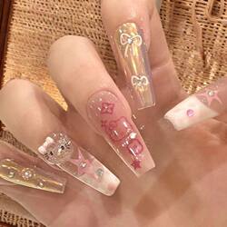 Handmade Long Press-On Nails, Dazzling French Mirror Cat Eye, Kitty Cat, Brightening, Internet Celebrity Hot Style, Fake Nails