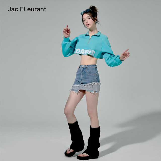 JAC FLEURANT summer blue double layer spliced ​​rosy denim fashionable hot and versatile short skirt

