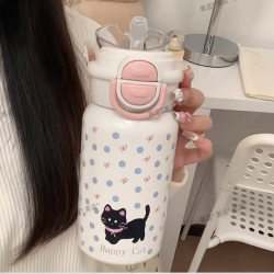 Cute Kitten Thermos Cup, New Style for Girls, High-Looking Water Cup, Dual-Drink Large Capacity 316 Stainless Steel Straw Cup