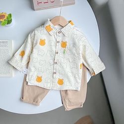 Baby boy spring and summer thin suit, handsome boy's shirt two-piece set, children's summer clothing, fashionable baby long sleeves
