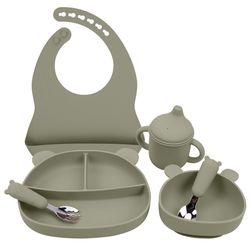 New Children's Silicone Bib Learning Drinking Cup Cartoon Bear Grid Dinner Plate Suction Cup Bowl Stainless Steel Spoon and Fork Tableware Set