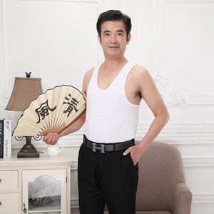 Middle aged and elderly men's vest, pure cotton sweatshirt, spring and summer thin fitting loose round neck old man's shirt, all cotton sweat absorbing short sleeved shirt