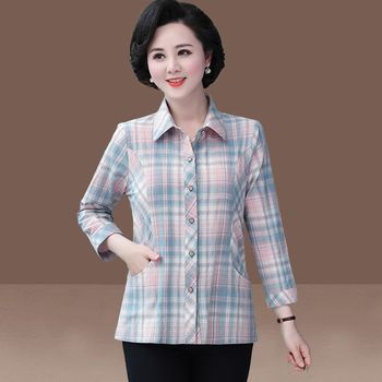 
High-end washed cotton plaid shirt for middle-aged and elderly women, cotton top with sleeves, middle-aged and elderly mother's style shirt