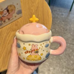 Cute Planet Mug with Lid, New High-Looking Cartoon Water Cup, Ceramic Household Drinking Cup, Birthday Gift