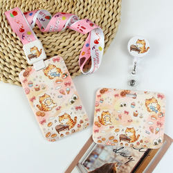Cute Cartoon Cat Card Holder Id Card Holder Retractable Neck Strap Campus Card Access Card Bus Card Transportation Card Student Meal Card Protective Cover Anti-Lost Lanyard Retractable Buckle Card Case Hard Shell Horizontal Version Name Tag