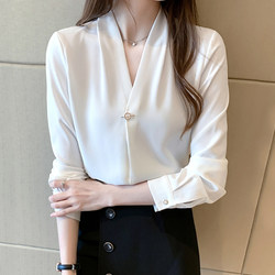 French-Style V-Neck Long-Sleeved White Shirt for Women, Spring and Autumn, Petite Design, Professional Commuting Chiffon Top
