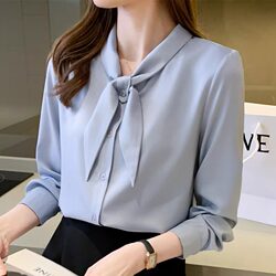 French-Style Blue Bow Tie Shirt for Women, Spring and Autumn, Petite Acetate Satin Shirt, Professional Commuting Long-Sleeve Top