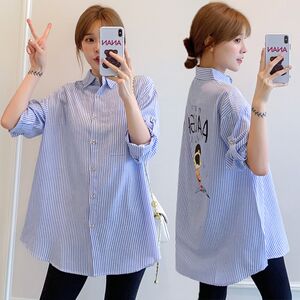 
Plus size maternity shirt dress autumn suit mid-length Korean style loose casual striped dress for age reduction 200*0.5kg
